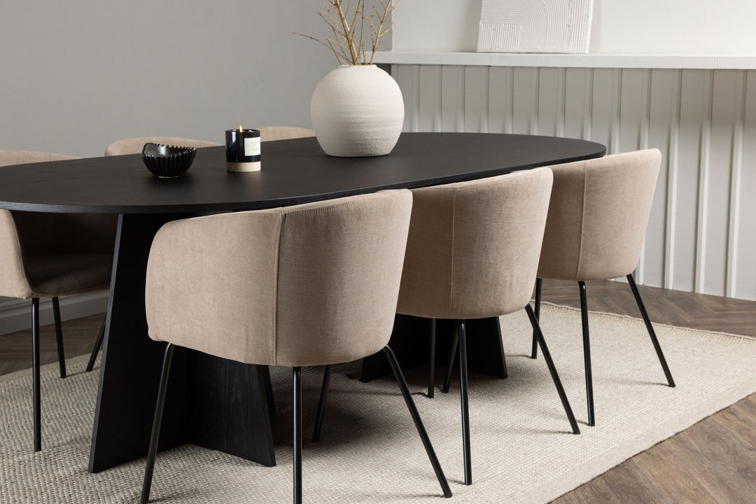 Venture Home Bootcut Oval Dining Table - Black / Black Fanéer +Berit Chair - Black / Beige Fabric (Polyester linen ) _6