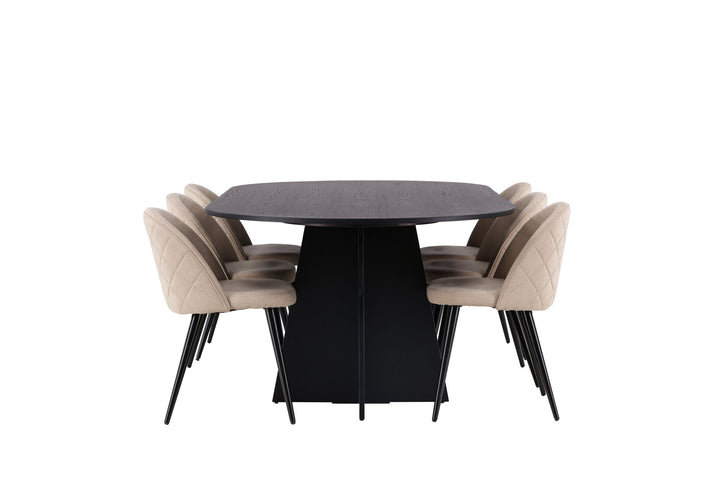 Venture Home Bootcut Oval Dining Table - Black / Black Fanéer +Velvet Stitches Chair - Black / Beige Fabric (Polyester linen ) _6