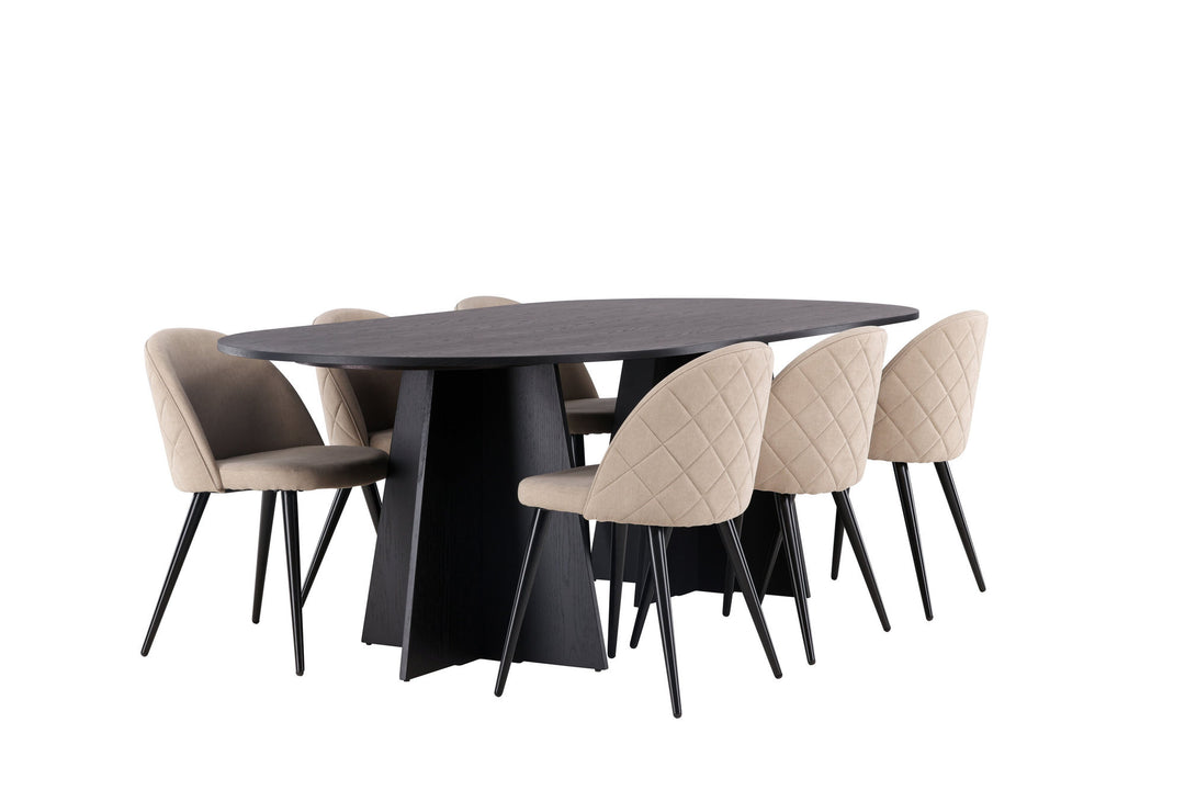 Venture Home Bootcut Oval Dining Table - Black / Black Fanéer +Velvet Stitches Chair - Black / Beige Fabric (Polyester linen ) _6