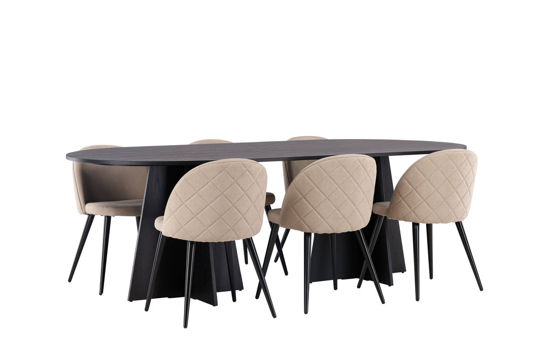 Venture Home Bootcut Oval Dining Table - Black / Black Fanéer +Velvet Stitches Chair - Black / Beige Fabric (Polyester linen ) _6