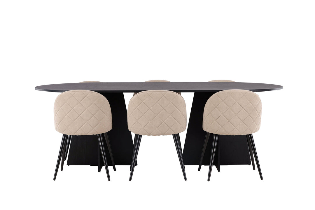 Venture Home Bootcut Oval Dining Table - Black / Black Fanéer +Velvet Stitches Chair - Black / Beige Fabric (Polyester linen ) _6