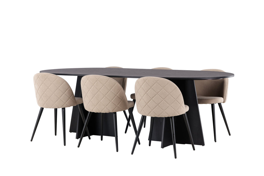 Venture Home Bootcut Oval Dining Table - Black / Black Fanéer +Velvet Stitches Chair - Black / Beige Fabric (Polyester linen ) _6