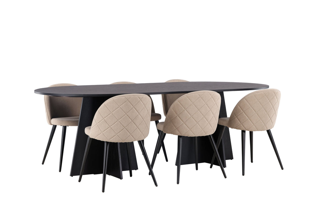 Venture Home Bootcut Oval Dining Table - Black / Black Fanéer +Velvet Stitches Chair - Black / Beige Fabric (Polyester linen ) _6