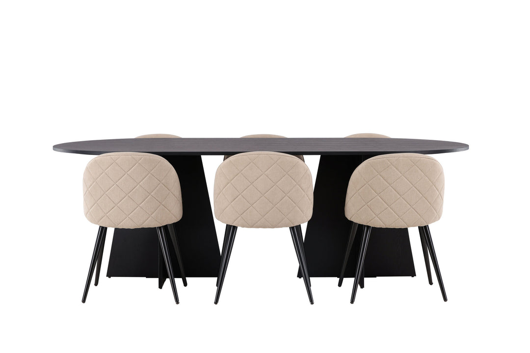 Venture Home Bootcut Oval Dining Table - Black / Black Fanéer +Velvet Stitches Chair - Black / Beige Fabric (Polyester linen ) _6