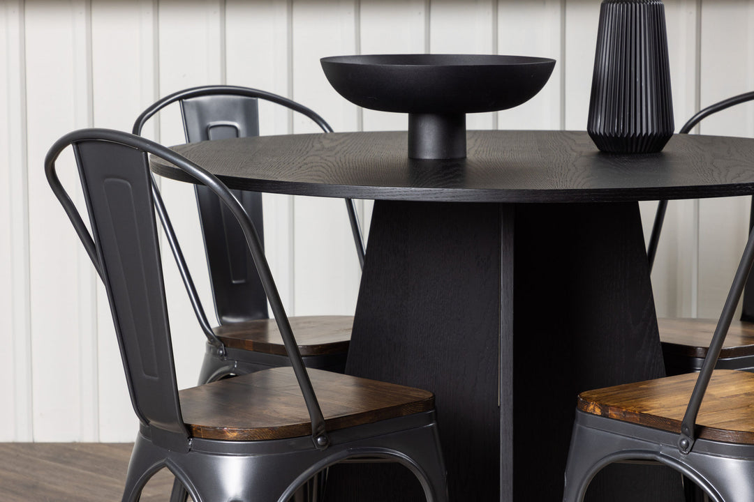 Venture Home Bootcut Round Dining Table - Black / Black Fanéer +Tempe Dining Chair - Dark grey / Dark Brown MDF _4