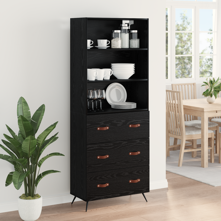 Highboard med skuffe Sort eg 69,5 x 34 x 180 cm Konstrueret træ