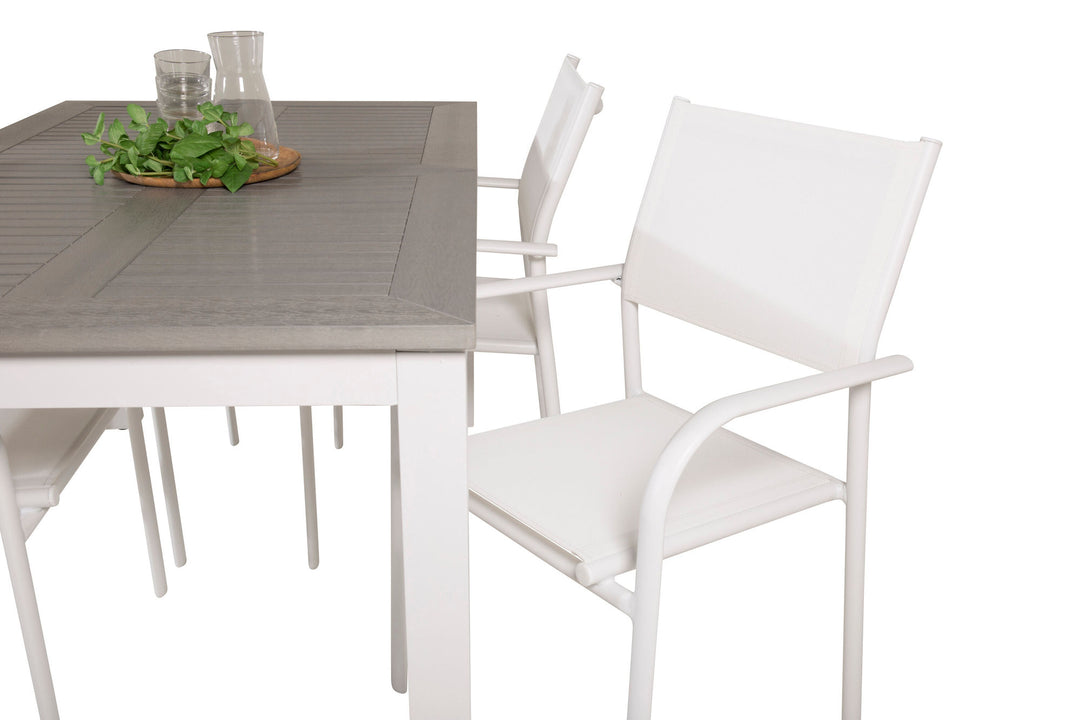 Venture Home Albany Dining Table 152/210*90 - White Alu / Grey Aintwood+Santorini Arm Chair (Stackable) - White Alu / White Textilene_4