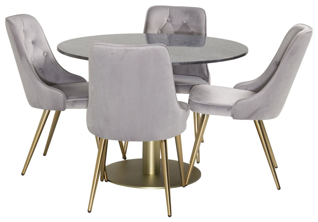 Venture Home Estelle Dining Table round 106cm Grey Marble / Brass - Velvet Deluxe Dining Chair - Brushed brass leg / Light Grey Velvet 4