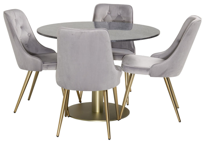 Venture Home Estelle Dining Table round 106cm Grey Marble / Brass - Velvet Deluxe Dining Chair - Brushed brass leg / Light Grey Velvet 4