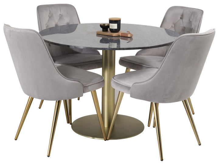 Venture Home Estelle Dining Table round 106cm Grey Marble / Brass - Velvet Deluxe Dining Chair - Brushed brass leg / Light Grey Velvet 4