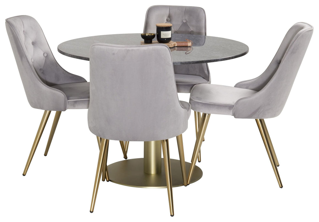 Venture Home Estelle Dining Table round 106cm Grey Marble / Brass - Velvet Deluxe Dining Chair - Brushed brass leg / Light Grey Velvet 4