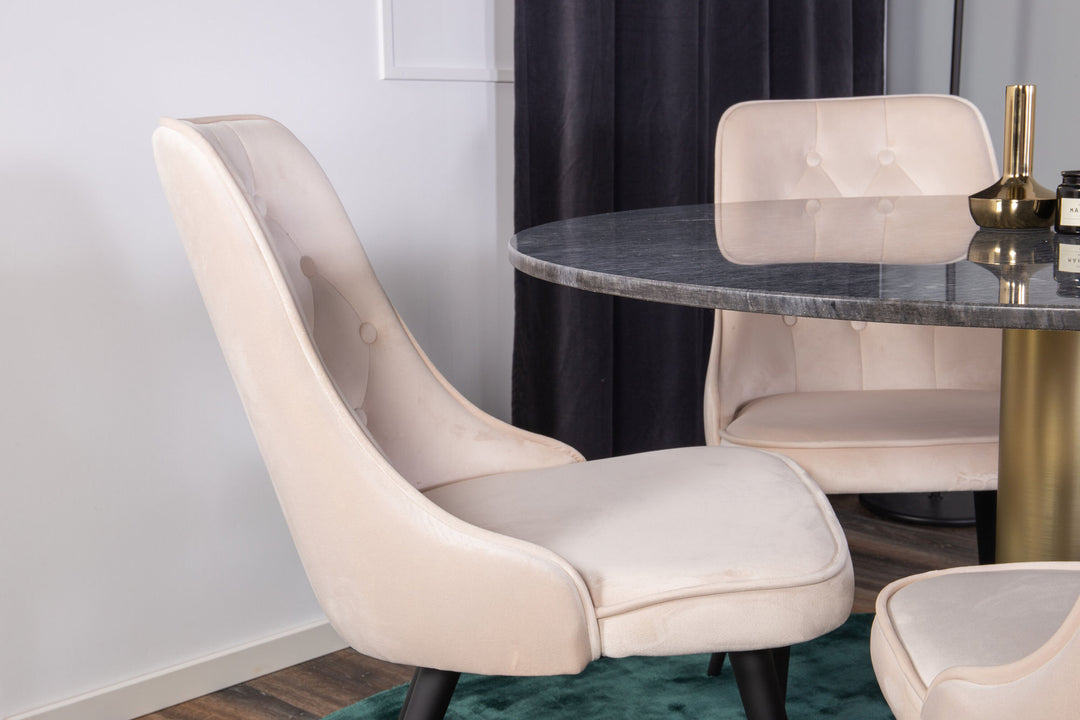 Venture Home Estelle Dining Table round 106cm Grey Marble / Brass - Velvet Deluxe Dining Chair - Black legs / Beige velvet 4