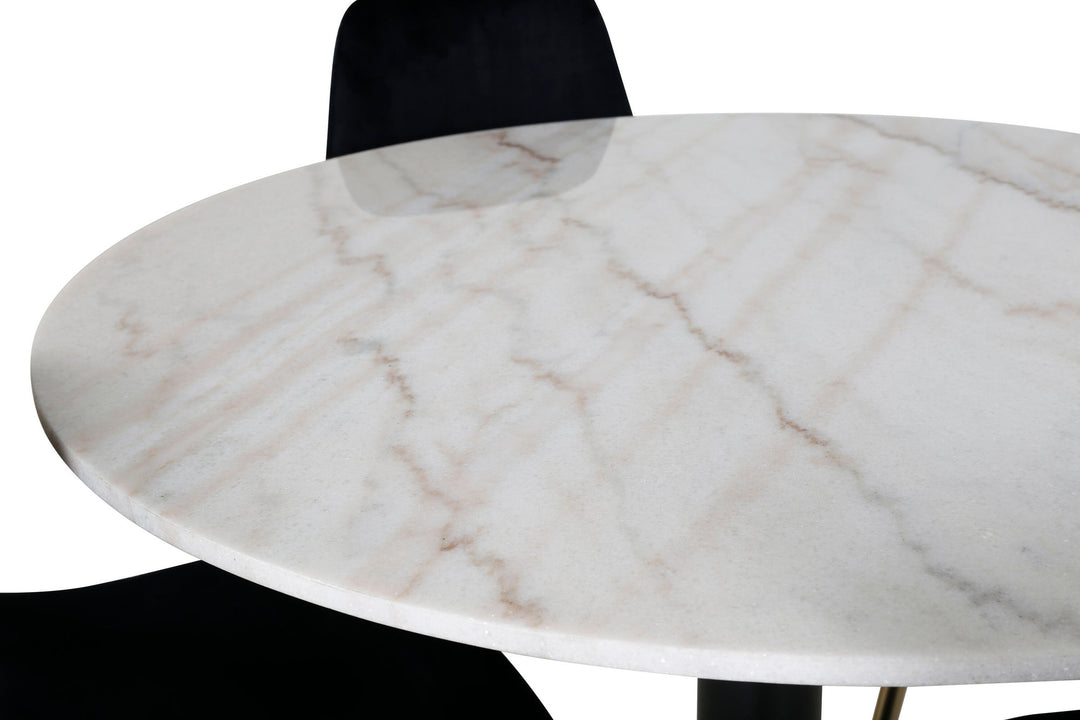 Venture Home Estelle Dining Table round 106cm White marble / Black Legs - Polar Chair - Black Velvet / Matt brass leg 4