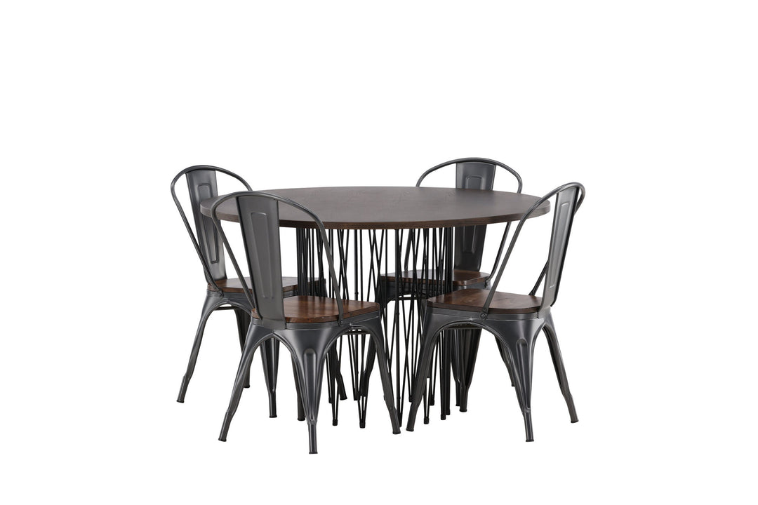Venture Home Stone round Dining Table - Black / Mocca Veneer +Tempe Dining Chair - Dark grey / Dark Brown MDF _4