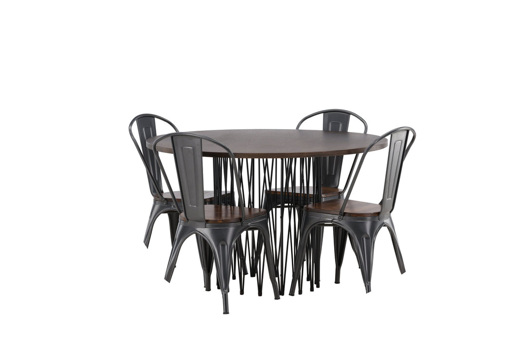 Venture Home Stone round Dining Table - Black / Mocca Veneer +Tempe Dining Chair - Dark grey / Dark Brown MDF _4