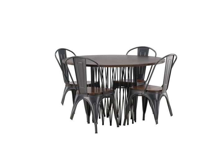 Venture Home Stone round Dining Table - Black / Mocca Veneer +Tempe Dining Chair - Dark grey / Dark Brown MDF _4