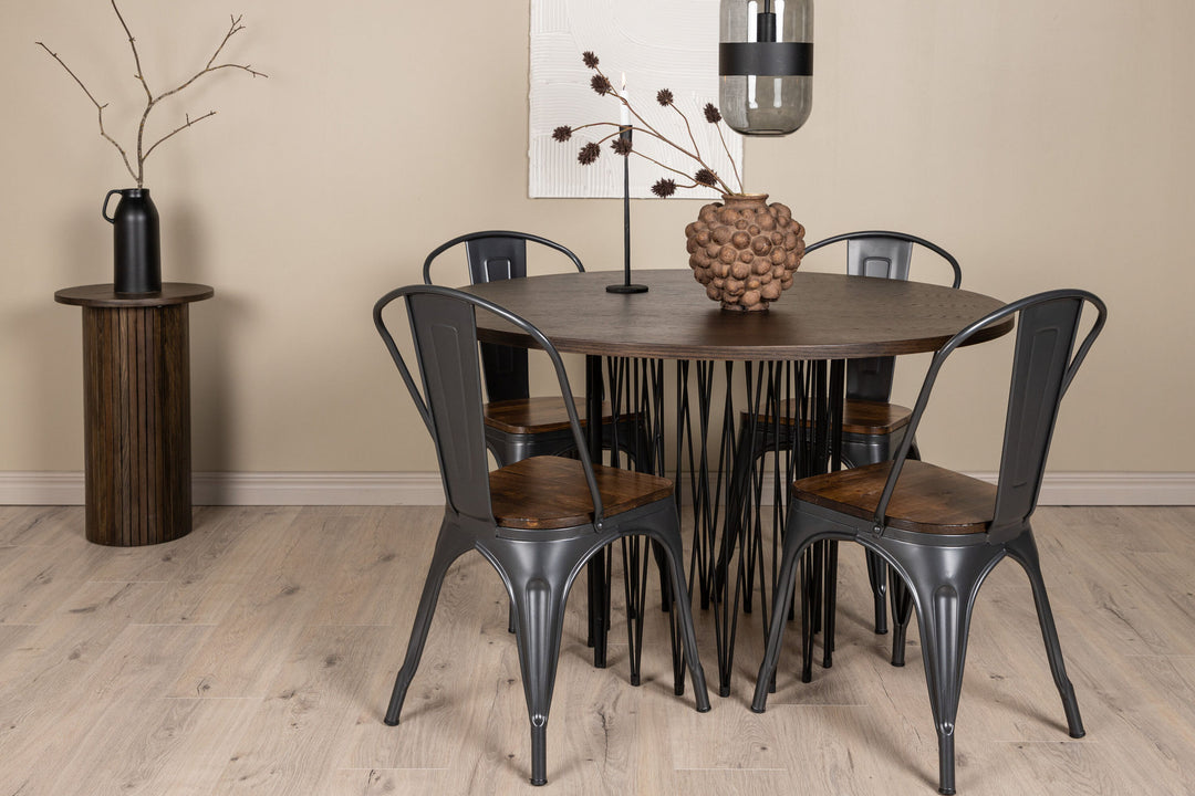 Venture Home Stone round Dining Table - Black / Mocca Veneer +Tempe Dining Chair - Dark grey / Dark Brown MDF _4