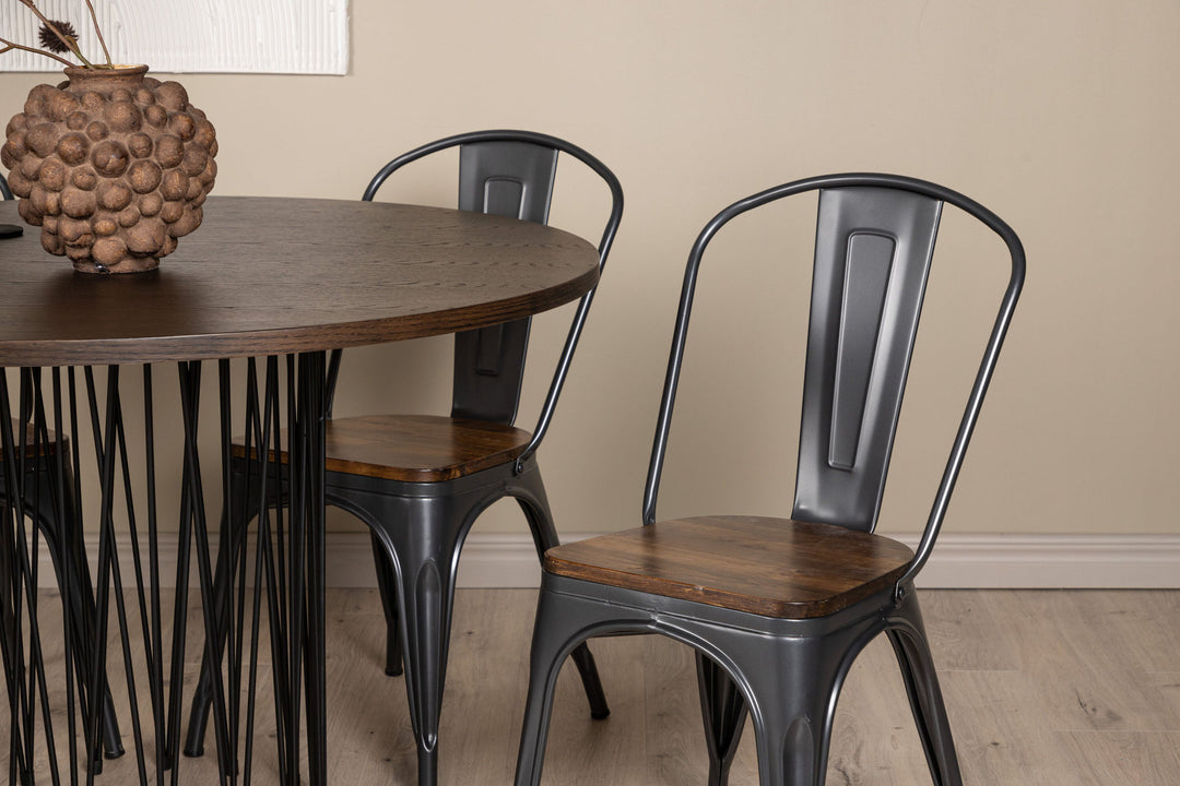 Venture Home Stone round Dining Table - Black / Mocca Veneer +Tempe Dining Chair - Dark grey / Dark Brown MDF _4