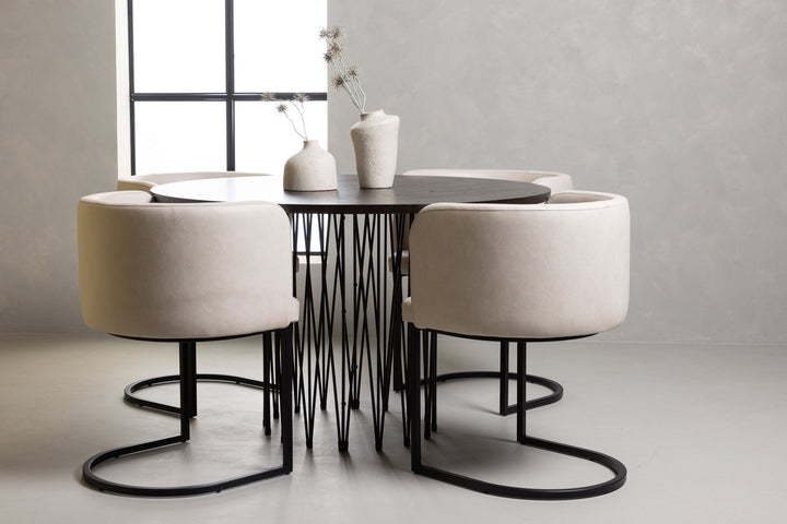 Venture Home Stone round Dining Table - Black / Mocca Veneer +Simrishman Dining Chair - Black / Beige TC-fabric _4
