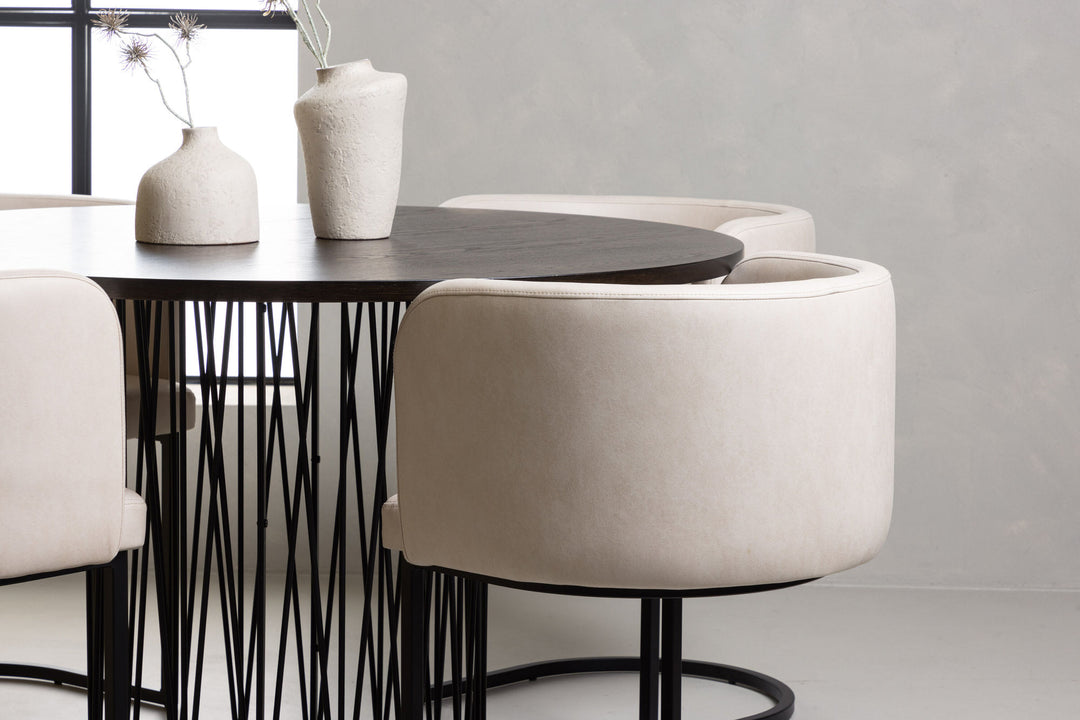 Venture Home Stone round Dining Table - Black / Mocca Veneer +Simrishman Dining Chair - Black / Beige TC-fabric _4
