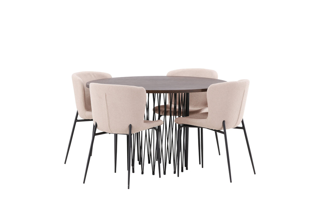 Venture Home Stone round Dining Table - Black / Mocca Veneer +Modesto Dining Chair - Beige / Beige Boucle _4