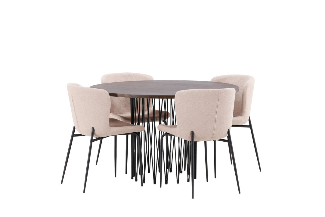 Venture Home Stone round Dining Table - Black / Mocca Veneer +Modesto Dining Chair - Beige / Beige Boucle _4