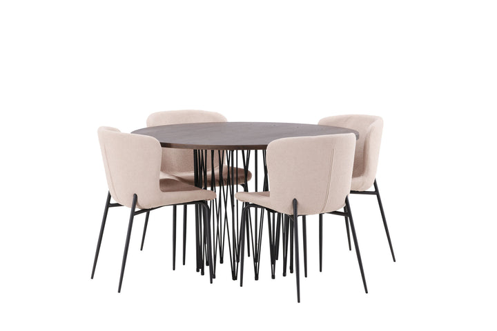 Venture Home Stone round Dining Table - Black / Mocca Veneer +Modesto Dining Chair - Beige / Beige Boucle _4