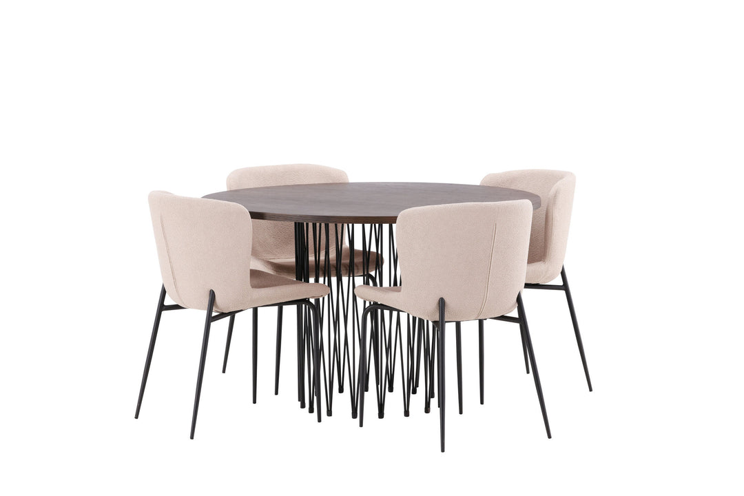 Venture Home Stone round Dining Table - Black / Mocca Veneer +Modesto Dining Chair - Beige / Beige Boucle _4