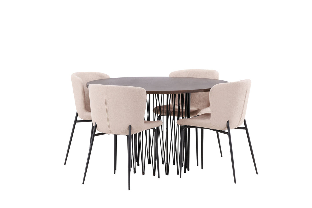 Venture Home Stone round Dining Table - Black / Mocca Veneer +Modesto Dining Chair - Beige / Beige Boucle _4