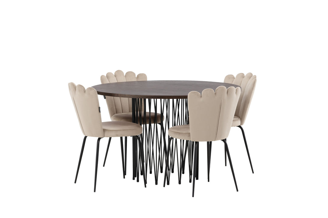 Venture Home Stone round Dining Table - Black / Mocca Veneer +Limhamn Light Chair - Black / Beige Velvet _4