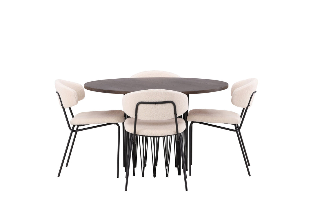 Venture Home Stone round Dining Table - Black / Mocca Veneer +Chico Dining Chair - Black / White Boucle _4