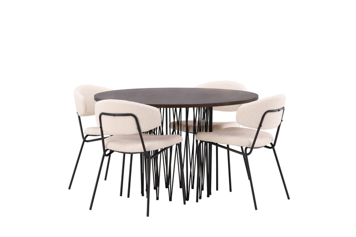 Venture Home Stone round Dining Table - Black / Mocca Veneer +Chico Dining Chair - Black / White Boucle _4