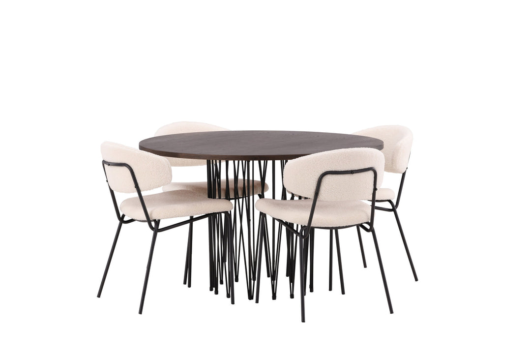 Venture Home Stone round Dining Table - Black / Mocca Veneer +Chico Dining Chair - Black / White Boucle _4