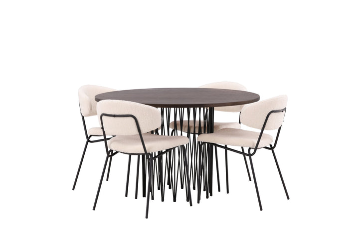 Venture Home Stone round Dining Table - Black / Mocca Veneer +Chico Dining Chair - Black / White Boucle _4