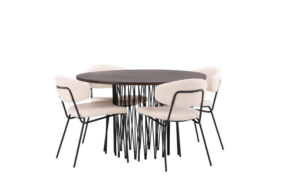 Venture Home Stone round Dining Table - Black / Mocca Veneer +Chico Dining Chair - Black / White Boucle _4