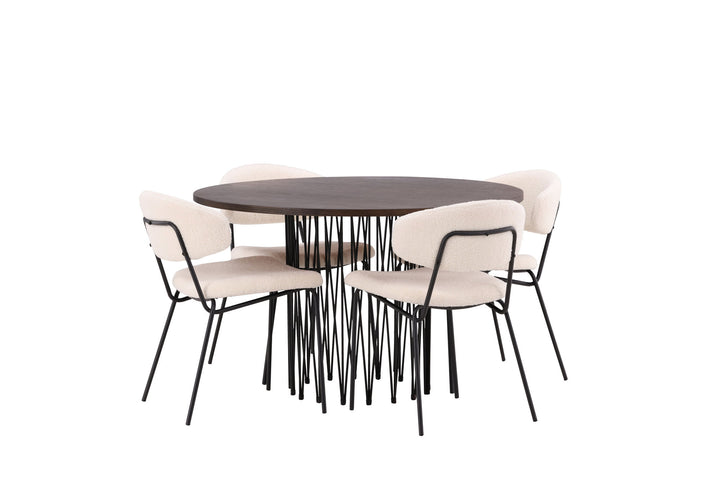 Venture Home Stone round Dining Table - Black / Mocca Veneer +Chico Dining Chair - Black / White Boucle _4