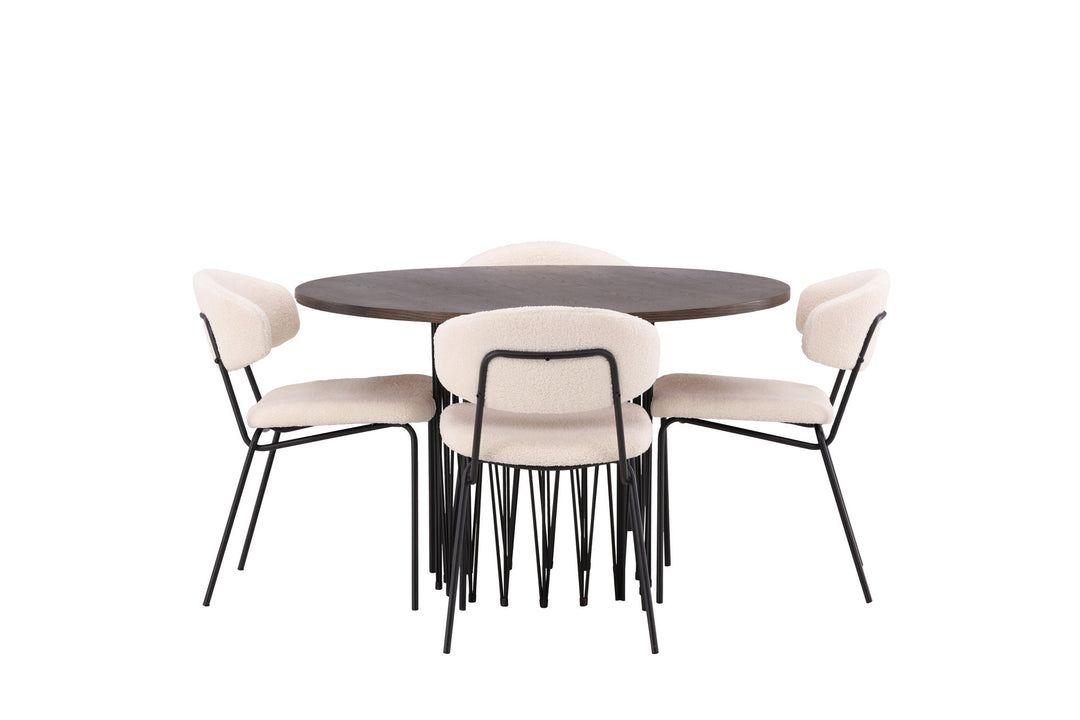 Venture Home Stone round Dining Table - Black / Mocca Veneer +Chico Dining Chair - Black / White Boucle _4