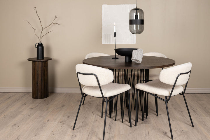 Venture Home Stone round Dining Table - Black / Mocca Veneer +Chico Dining Chair - Black / White Boucle _4