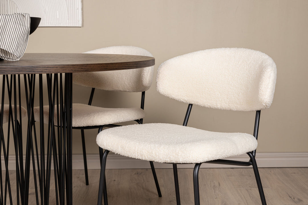 Venture Home Stone round Dining Table - Black / Mocca Veneer +Chico Dining Chair - Black / White Boucle _4