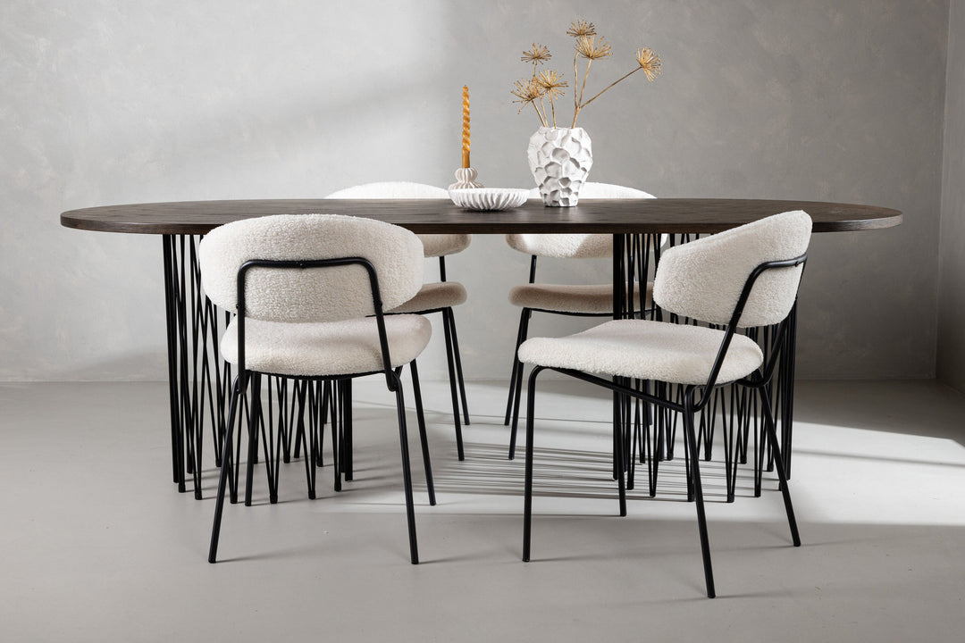 Venture Home Stone oval Dining Table - Black / Mocca Veneer +Chico Dining Chair - Black / White Boucle _4