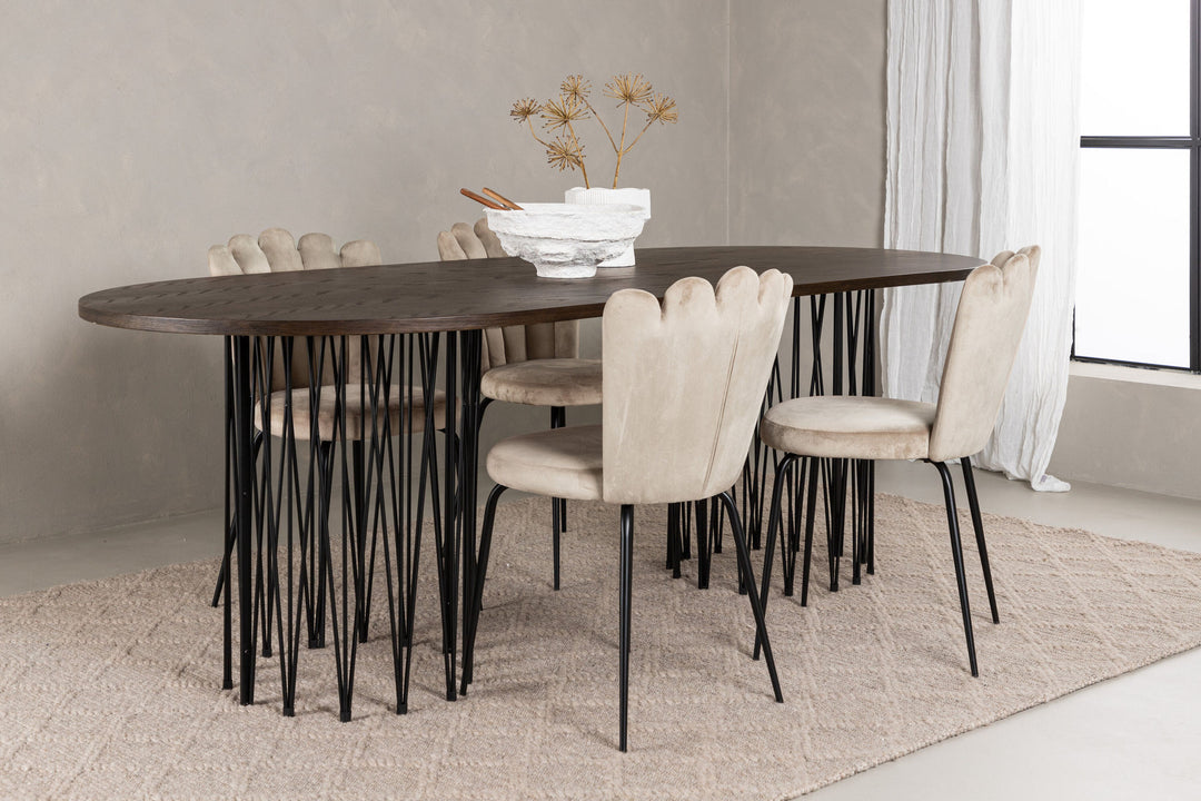Venture Home Stone oval Dining Table - Black / Mocca Veneer +Limhamn Light Chair - Black / Beige Velvet _4