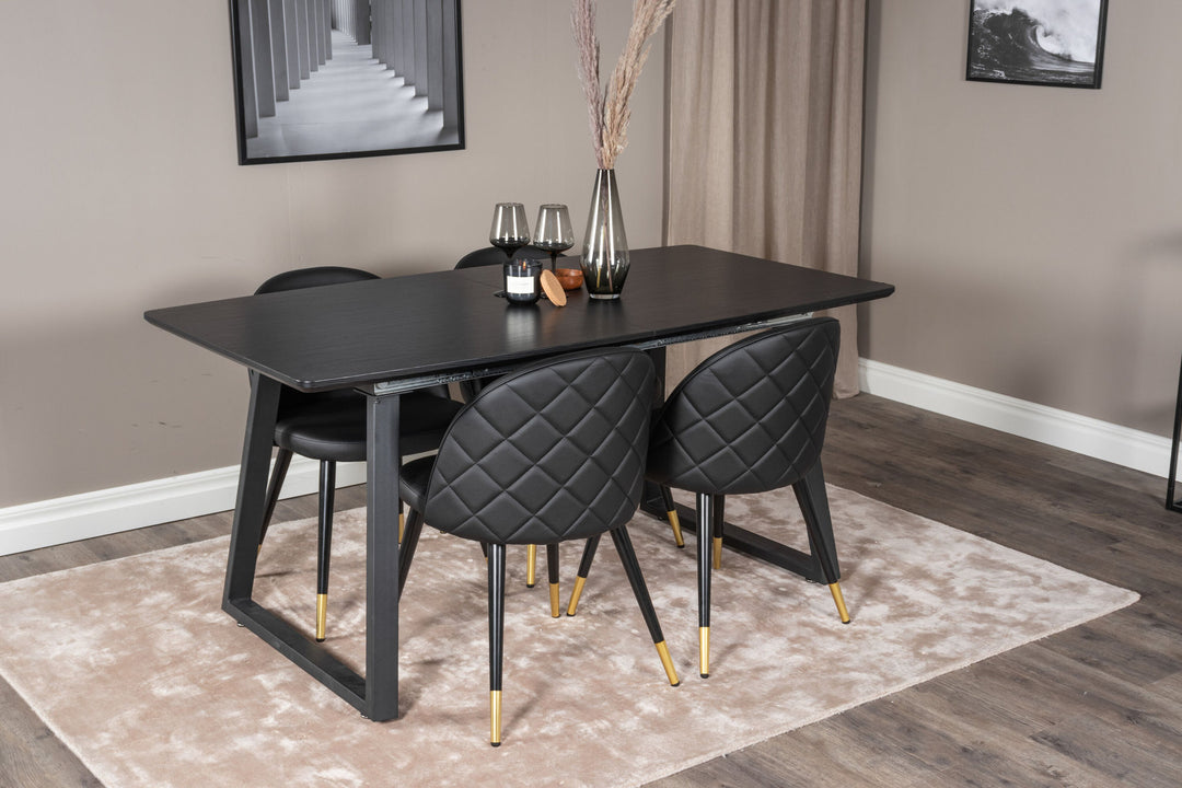 Venture Home Inca Extentiontable - Black top / black Legs+Velvet Dining Chair w. Stiches - PU - Black / Black_4