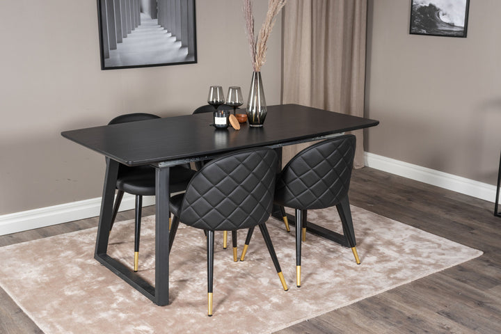 Venture Home Inca Extentiontable - Black top / black Legs+Velvet Dining Chair w. Stiches - PU - Black / Black_4