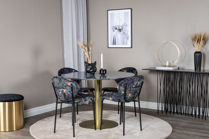 Venture Home Estelle Round Dining Table ø106 H75 - Black / Brass+Vault Dining Chair - Black legs - Black Flower printed fabric_4