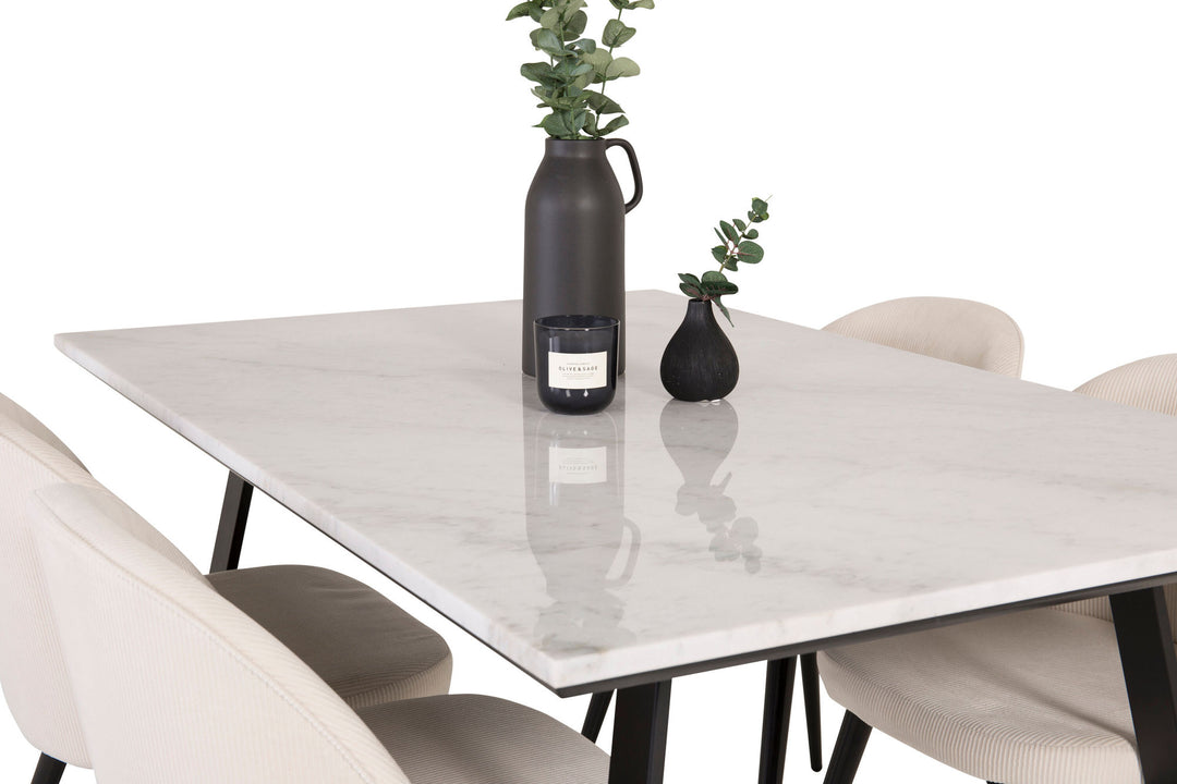 Venture Home Estelle Dining Table 140*90 - White Marble / Black Legs+Velvet Dining Chair -