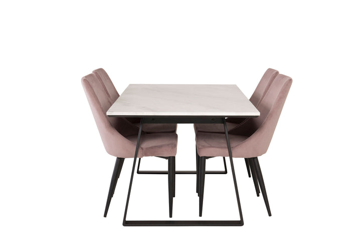 Venture Home Estelle Dining Table 140*90 - White Marble / Black Legs +Leone Dining Chair - Black Legs / Dusty PinkCorduroy _4