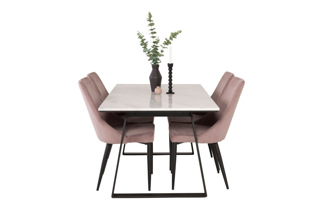 Venture Home Estelle Dining Table 140*90 - White Marble / Black Legs +Leone Dining Chair - Black Legs / Dusty PinkCorduroy _4