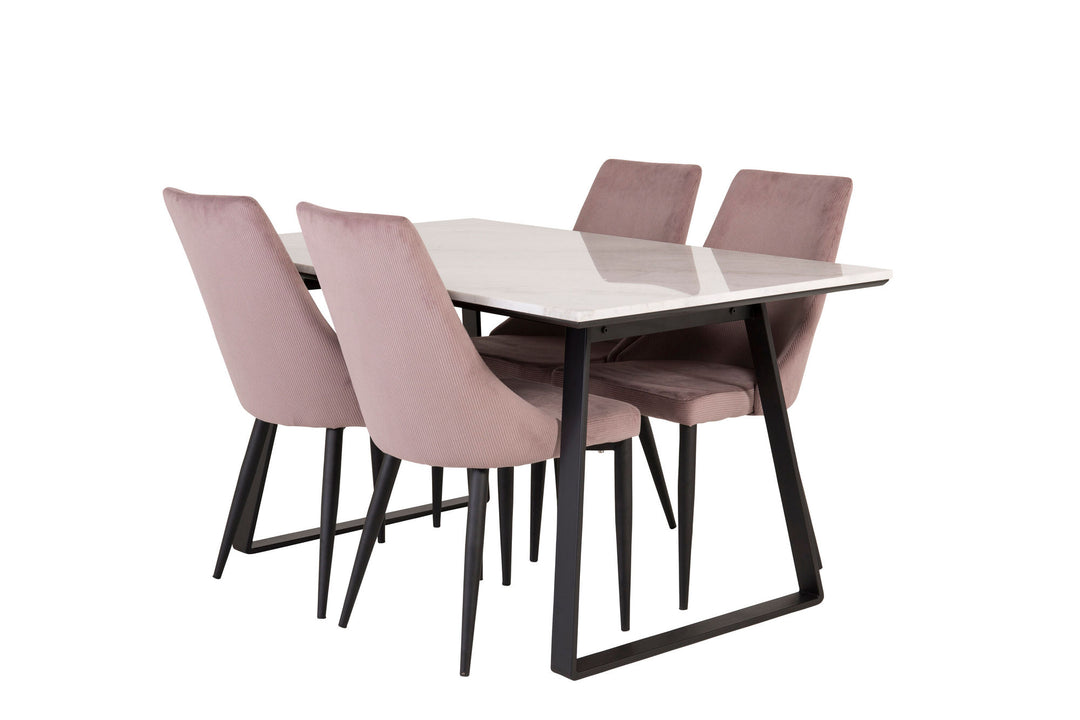 Venture Home Estelle Dining Table 140*90 - White Marble / Black Legs +Leone Dining Chair - Black Legs / Dusty PinkCorduroy _4