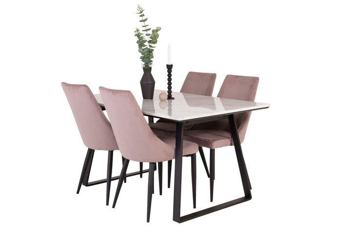 Venture Home Estelle Dining Table 140*90 - White Marble / Black Legs +Leone Dining Chair - Black Legs / Dusty PinkCorduroy _4