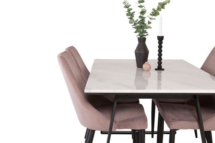 Venture Home Estelle Dining Table 140*90 - White Marble / Black Legs +Leone Dining Chair - Black Legs / Dusty PinkCorduroy _4